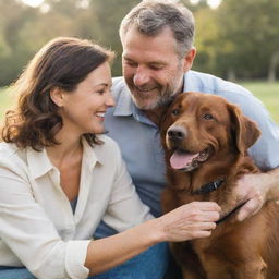 A happy scene of a man and a woman sharing a moment with their lovable brown dog.