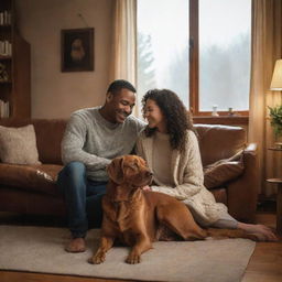 A cozy scene of a man and woman with their endearing brown dog in a warmly lit, comfortable room.