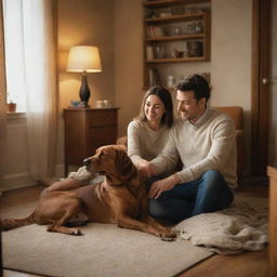 A cozy scene of a man and woman with their endearing brown dog in a warmly lit, comfortable room.