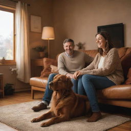 A cozy scene of a man and woman with their endearing brown dog in a warmly lit, comfortable room.