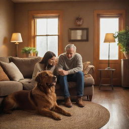 A cozy scene of a man and woman with their endearing brown dog in a warmly lit, comfortable room.