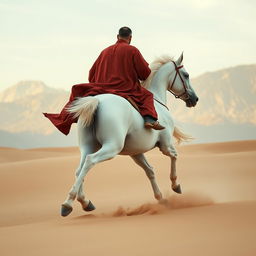 A purebred white horse galloping through sandy dunes towards majestic mountains in the background