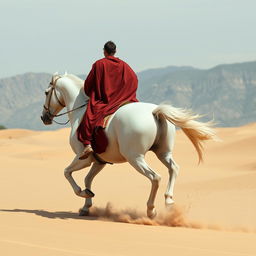 A purebred white horse galloping through sandy dunes towards majestic mountains in the background