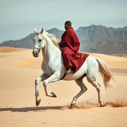 A purebred white horse galloping through sandy dunes towards majestic mountains in the background