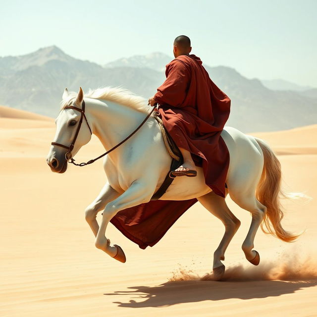 A purebred white horse galloping through sandy dunes towards majestic mountains in the background