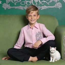 A cute, soft-looking boy, dressed in a pink long-sleeve shirt, black formal pants and shoes, sitting on a sofa in a green room with ornate designs. The boy is smiling and holding a white cat. Behind him, the name 'ALJHON' is etched in silver