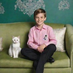 A cute, soft-looking boy, dressed in a pink long-sleeve shirt, black formal pants and shoes, sitting on a sofa in a green room with ornate designs. The boy is smiling and holding a white cat. Behind him, the name 'ALJHON' is etched in silver