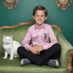 A cute, soft-looking boy, dressed in a pink long-sleeve shirt, black formal pants and shoes, sitting on a sofa in a green room with ornate designs. The boy is smiling and holding a white cat. Behind him, the name 'ALJHON' is etched in silver