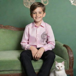 A cute, soft-looking boy, dressed in a pink long-sleeve shirt, black formal pants and shoes, sitting on a sofa in a green room with ornate designs. The boy is smiling and holding a white cat. Behind him, the name 'ALJHON' is etched in silver