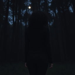 A woman with dark curly hair is seen from behind, wearing a stylish black jacket and fitted black jeans