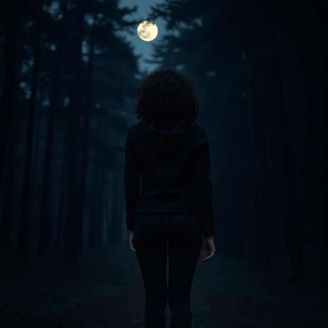 A woman with dark curly hair is seen from behind, wearing a stylish black jacket and fitted black jeans