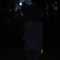 A woman with dark curly hair is seen from behind, wearing a stylish black jacket and fitted black jeans