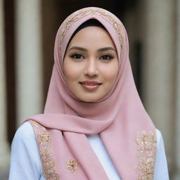 A graceful Malay woman wearing a beautifully designed hijab, expressing her cultural and religious identity with elegance.