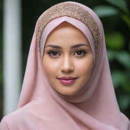 A graceful Malay woman wearing a beautifully designed hijab, expressing her cultural and religious identity with elegance.