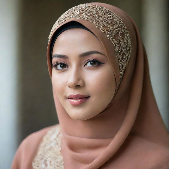 A graceful Malay woman wearing a beautifully designed hijab, expressing her cultural and religious identity with elegance.