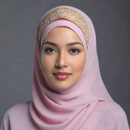 A graceful Malay woman wearing a beautifully designed hijab, expressing her cultural and religious identity with elegance.