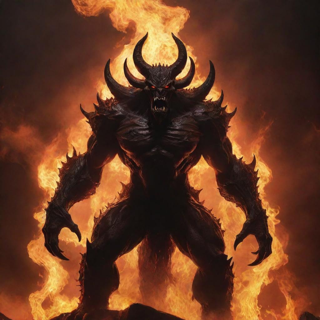 An abyssal demon enveloped in roaring flames, its sinister silhouette standing against the fiery backdrop.