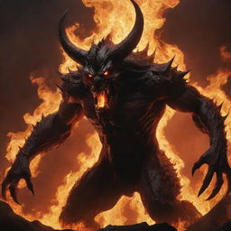 An abyssal demon enveloped in roaring flames, its sinister silhouette standing against the fiery backdrop.