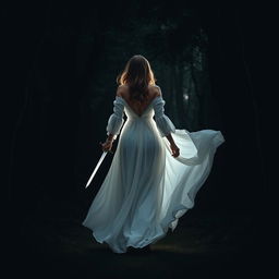 A woman in a flowing long white dress walking gracefully into the dark, mysterious depths of a dense forest