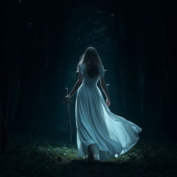 A woman in a flowing long white dress walking gracefully into the dark, mysterious depths of a dense forest