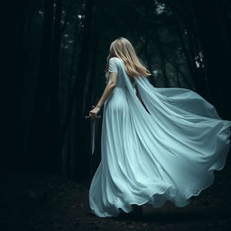 A woman in a flowing long white dress walking gracefully into the dark, mysterious depths of a dense forest