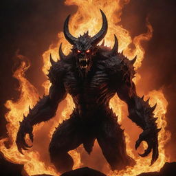 An abyssal demon enveloped in roaring flames, its sinister silhouette standing against the fiery backdrop.