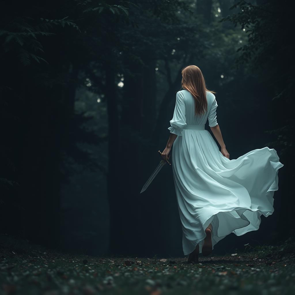 A woman in a flowing long white dress walking gracefully into the dark, mysterious depths of a dense forest