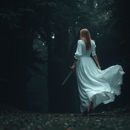 A woman in a flowing long white dress walking gracefully into the dark, mysterious depths of a dense forest