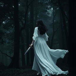 A dark-haired woman in a flowing long white dress walking gracefully into the dark, mysterious depths of a dense forest