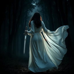 A dark-haired woman in a flowing long white dress walking gracefully into the dark, mysterious depths of a dense forest