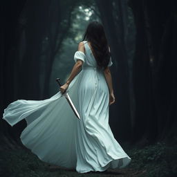 A dark-haired woman in a flowing long white dress walking gracefully into the dark, mysterious depths of a dense forest