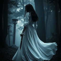 A dark-haired woman in a flowing long white dress walking gracefully into the dark, mysterious depths of a dense forest