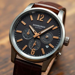 A sophisticated quartz powered men's watch subtly inspired by Edinburgh, featuring a bold and rugged design that reflects industrialism alongside masculine features