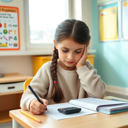 An intelligent-looking 11-year-old Russian girl seated at a small desk, focused intently on taking an IQ test