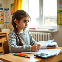 An intelligent-looking 11-year-old Russian girl seated at a small desk, focused intently on taking an IQ test