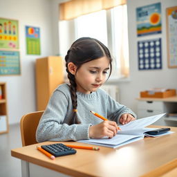 An intelligent-looking 11-year-old Russian girl seated at a small desk, focused intently on taking an IQ test