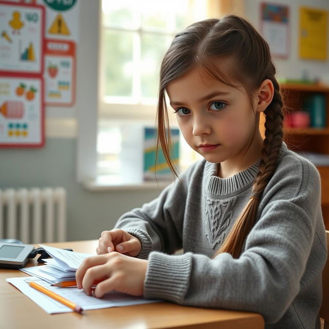 An intelligent-looking 11-year-old Russian girl seated at a small desk, focused intently on taking an IQ test