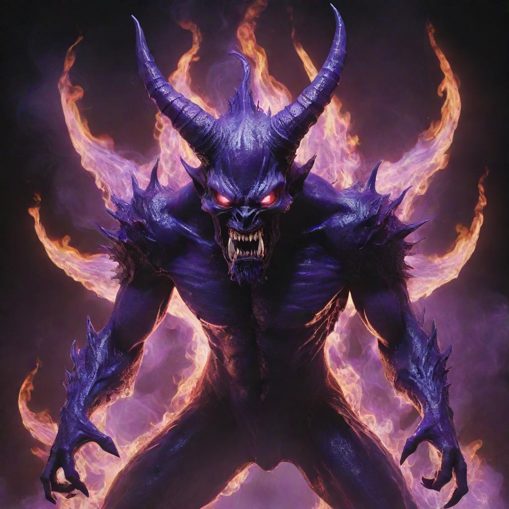 An abyssal demon engulfed in vibrant purple flames, radiating an intense, otherworldly aura.