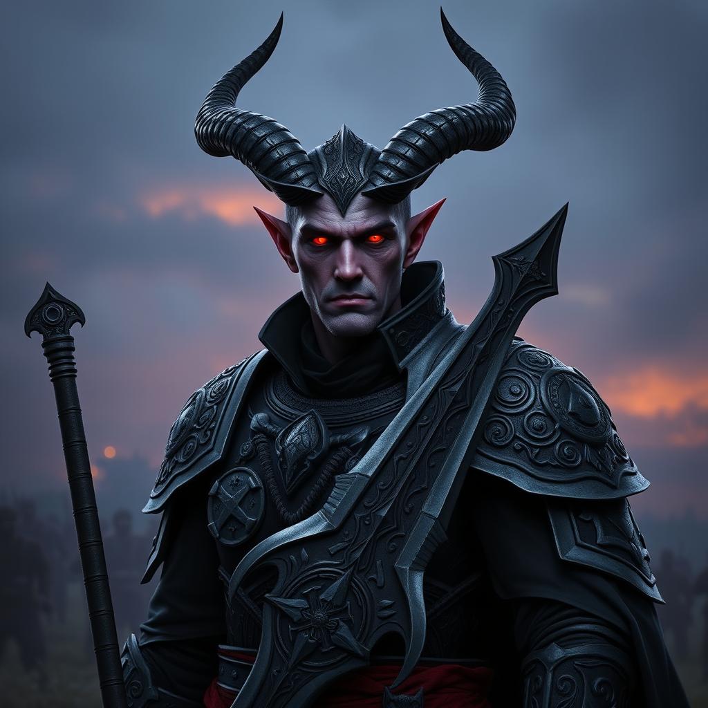 A mature male tiefling dark paladin