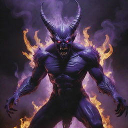 An abyssal demon engulfed in vibrant purple flames, radiating an intense, otherworldly aura.