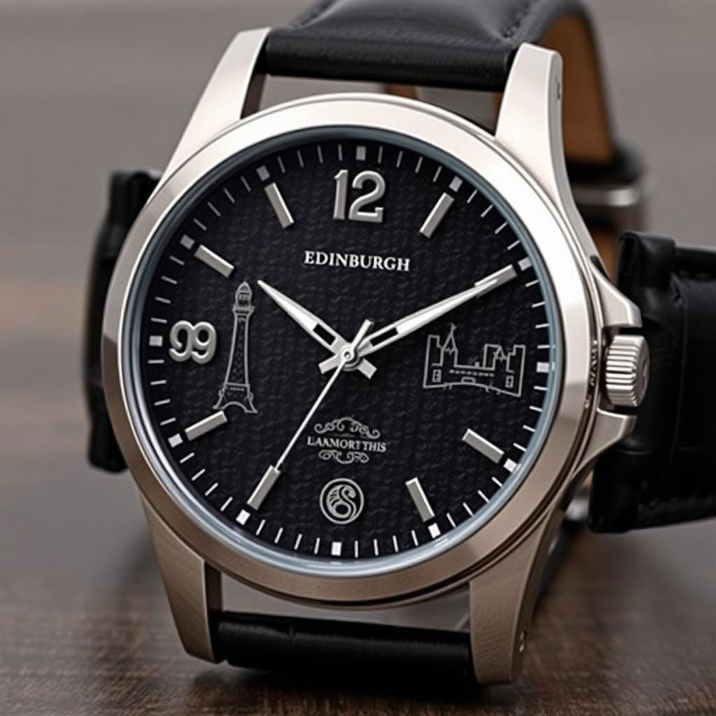 A quartz powered men's watch inspired by Edinburgh, featuring a distinctive industrial-themed design