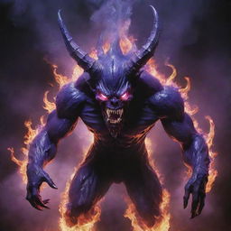 An abyssal demon engulfed in vibrant purple flames, radiating an intense, otherworldly aura.