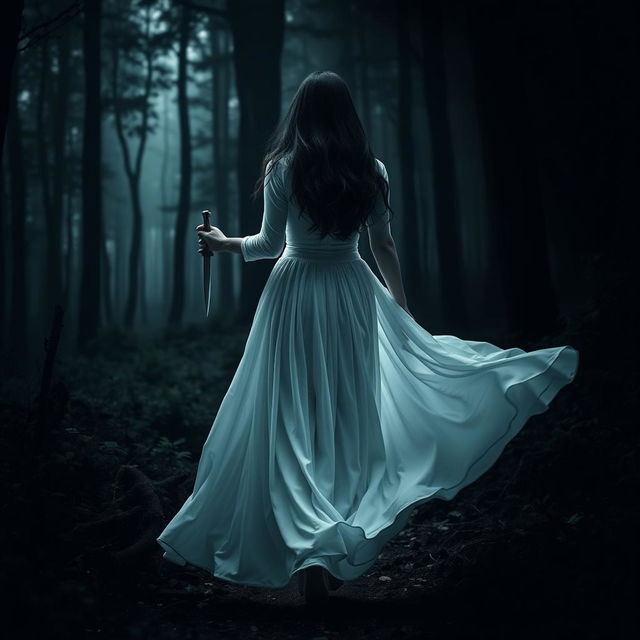 A dark-haired woman in a flowing long white dress walking into the dark, mysterious depths of a dense forest