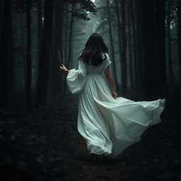 A dark-haired woman in a flowing long white dress walking into the dark, mysterious depths of a dense forest