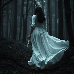 A dark-haired woman in a flowing long white dress walking into the dark, mysterious depths of a dense forest