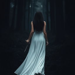 A dark-haired woman in a flowing long white dress walking into the dark, mysterious depths of a dense forest