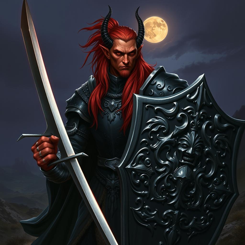 A mature male tiefling knight, known as a black knight, characterized by his striking long hair that cascades down his back