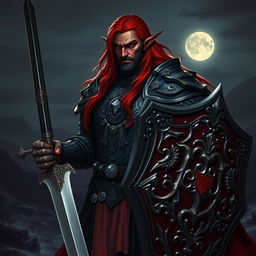 A mature male tiefling knight, known as a black knight, characterized by his striking long hair that cascades down his back