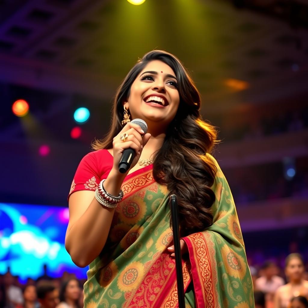 A portrait of Shreya Ghoshal, an Indian playback singer, performing on stage with a microphone in hand