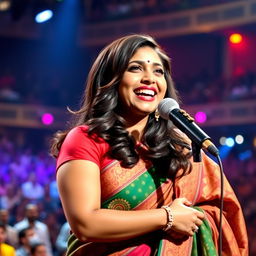 A portrait of Shreya Ghoshal, an Indian playback singer, performing on stage with a microphone in hand